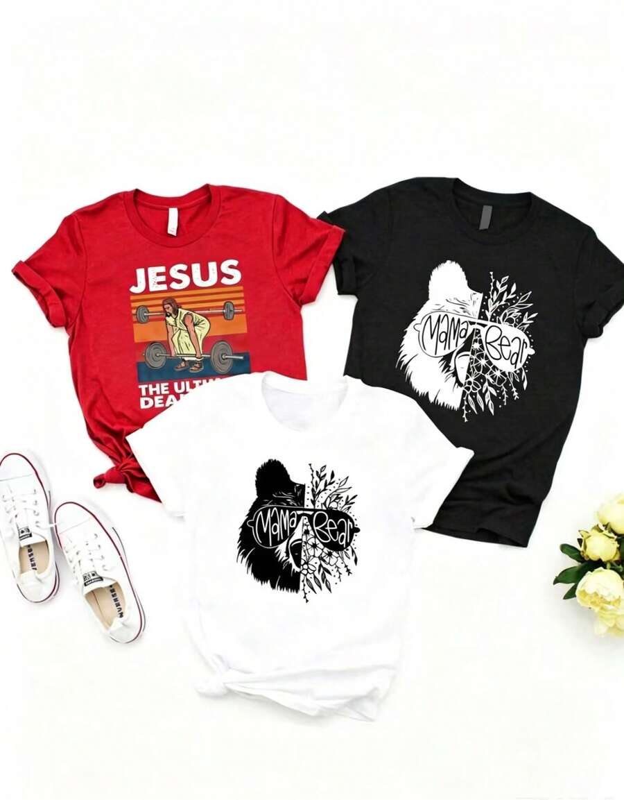 Nuevo modelo 3 : Camiseta casual de manga corta para mujer, estampada con los diseños "Jesus is the Ultimate Death" y "Mother Bear with Floral Design", camiseta de manga corta con cuello redondo para mujer, top deportivo casual de algodón puro y transpirable, regalo para las fiestas. - Blanco - Ver 1