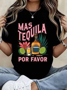 Camiseta de Moda para Mujer con Estampado Gráfico "Mas Tequila Por Favor" con Diseño de Botella de Tequila, Lima y Flores para Uso Casual en Fiestas de Veranoblusa casual mujer - Negro - Ver 7