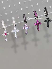 1 pieza Pendiente de aro con cruz de cristal de colores vintage, pendiente de estilo gótico sofisticado y exclusivo - Multicolor - Ver 8