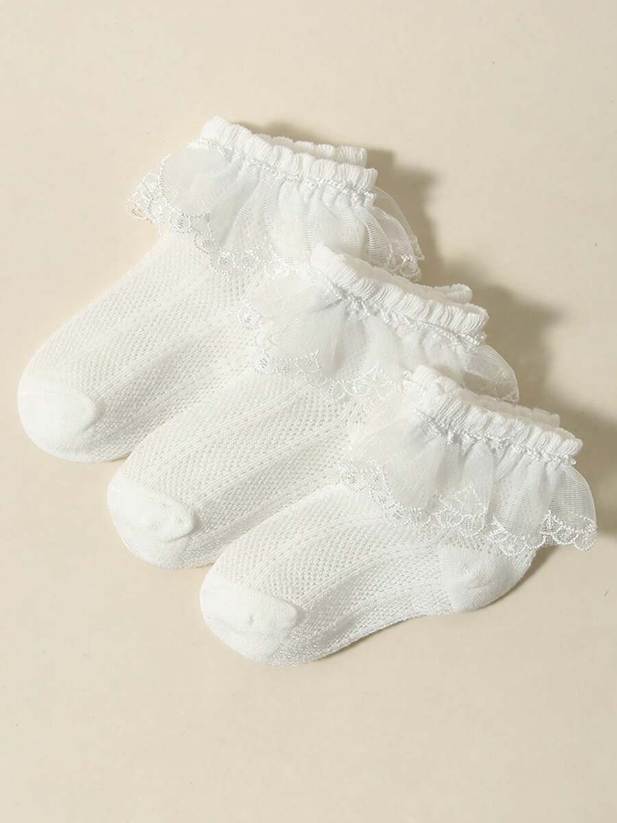 1/3 Paar Frühling/Sommer Baby/Kleinkind Mädchen weiße Socken, einfarbige Spitze Mesh kurze Socken, hautfreundlich weich bequem niedliche Rüschensocken, geeignet für den täglichen Gebrauch, Feiertage, Reisen, passend zu Prinzessinnenkleider, verschiedene Kombinationen erhältlich - Weiss - Übersicht 1