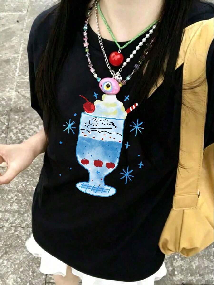 Women's Clothing Loose-Fitting Short-Sleeved T-Shirt With Cartoon Print, Unique Design For Petite Women, Casual 's Shirts - 黑色 - 查看 1