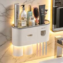 Toothbrush And Toothpaste Holder, Wall-Mounted Design, Equipped With 4 Slots And 2 Cup Holders. The Bathroom Storage Rack Has A Drawer, Saving Space And Making It Convenient For Organizing The Family Bathroom. - View 2