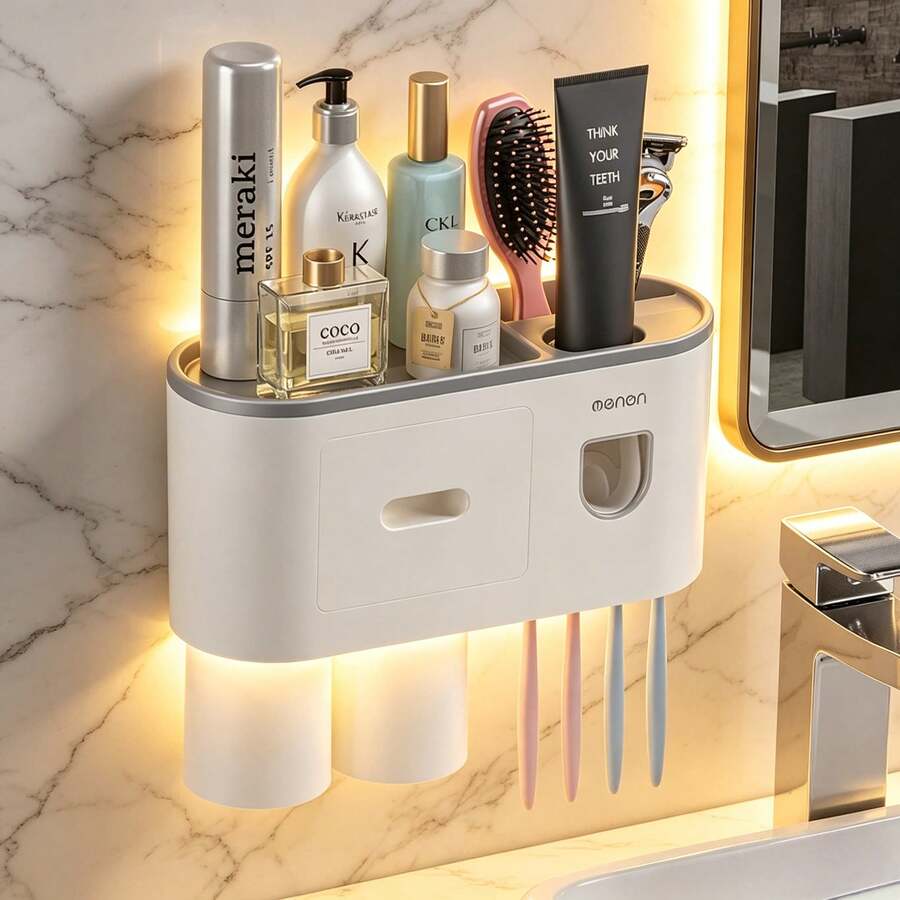 Toothbrush And Toothpaste Holder, Wall-Mounted Design, Equipped With 4 Slots And 2 Cup Holders. The Bathroom Storage Rack Has A Drawer, Saving Space And Making It Convenient For Organizing The Family Bathroom.