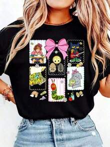 1 pcsCoquette Bow Teacher Back To School Shirt, Kindergarten Teacher Shirt, Preschool Teacher Shirt, Children's Books Shirt, Book Lover Gifts JVKF   Women's Printed Round Neck Short Sleeve Tee |   Soft Stretch, Casual & Gym, Game Day & Valentine's Day Essential In Party  Tops180g Algodón 100% - Negro - Ver 1