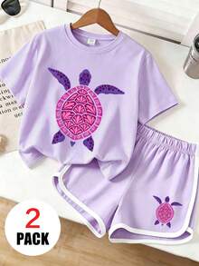 2pcs Girls Casual Set, Round Neck Short Sleeve Top + Sports Shorts, Printed With Turtle Pattern, Comfortable And Soft, Suitable For Summer Wear - Multicolor - View 1