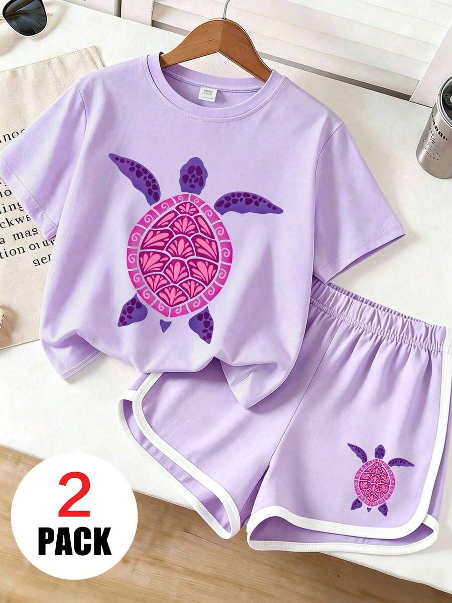 2pcs Girls Casual Set, Round Neck Short Sleeve Top + Sports Shorts, Printed With Turtle Pattern, Comfortable And Soft, Suitable For Summer Wear - Multicolor - View 1