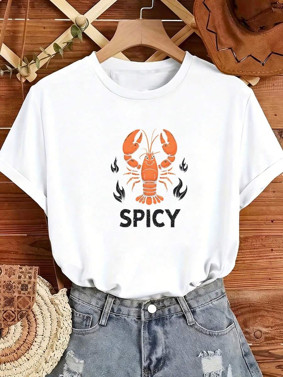 Limited Time Offer, Limited Quantities, Flash ! Women's Casual Shirts, Women's Polyester T-Shirts, Elegant Shirts. New Women's Short-Sleeved Summer T-Shirt With Orange Lobster Print And Flame Details, Spicy, Stylish, Fashionable, And Versatile. - 白色 - 查看 1
