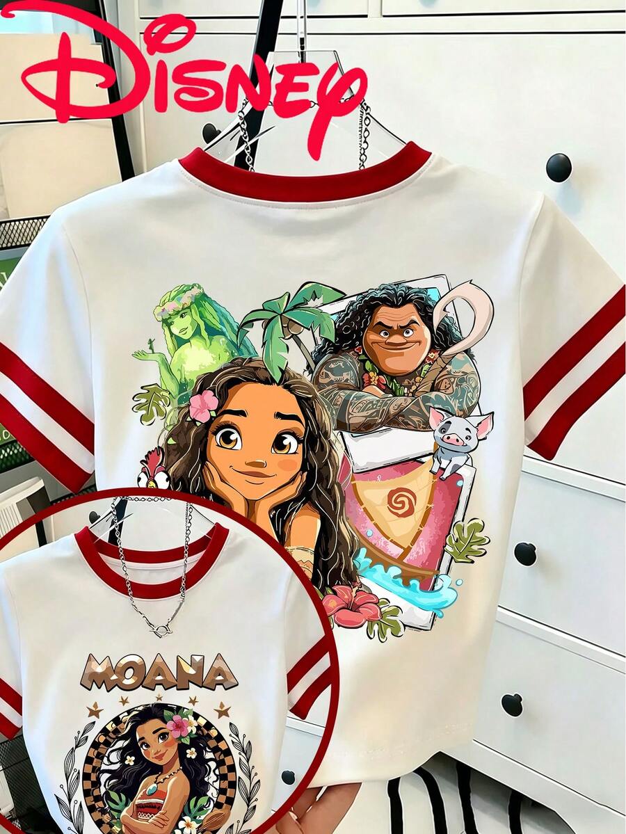 Disney Moana Printed Women's T-Shirt With Red-White Color Block. Lightweight, Breathable And Comfy For Summer Wear, Versatile For All Occasions. - Red - View 1