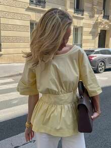 SUNSTORY Spring/Summer French Style Cream Yellow Round Neck Back Waist Button Elastic Waist Ruffle Hem Commuter Minimalist Cinched Waist Doll Blouse, Suitable For Office Wear, Airport Outfit, Country Music Concert Outfit, Women's Wedding, Tea Party, Graduation Ceremony - Pale Yellow - View 10