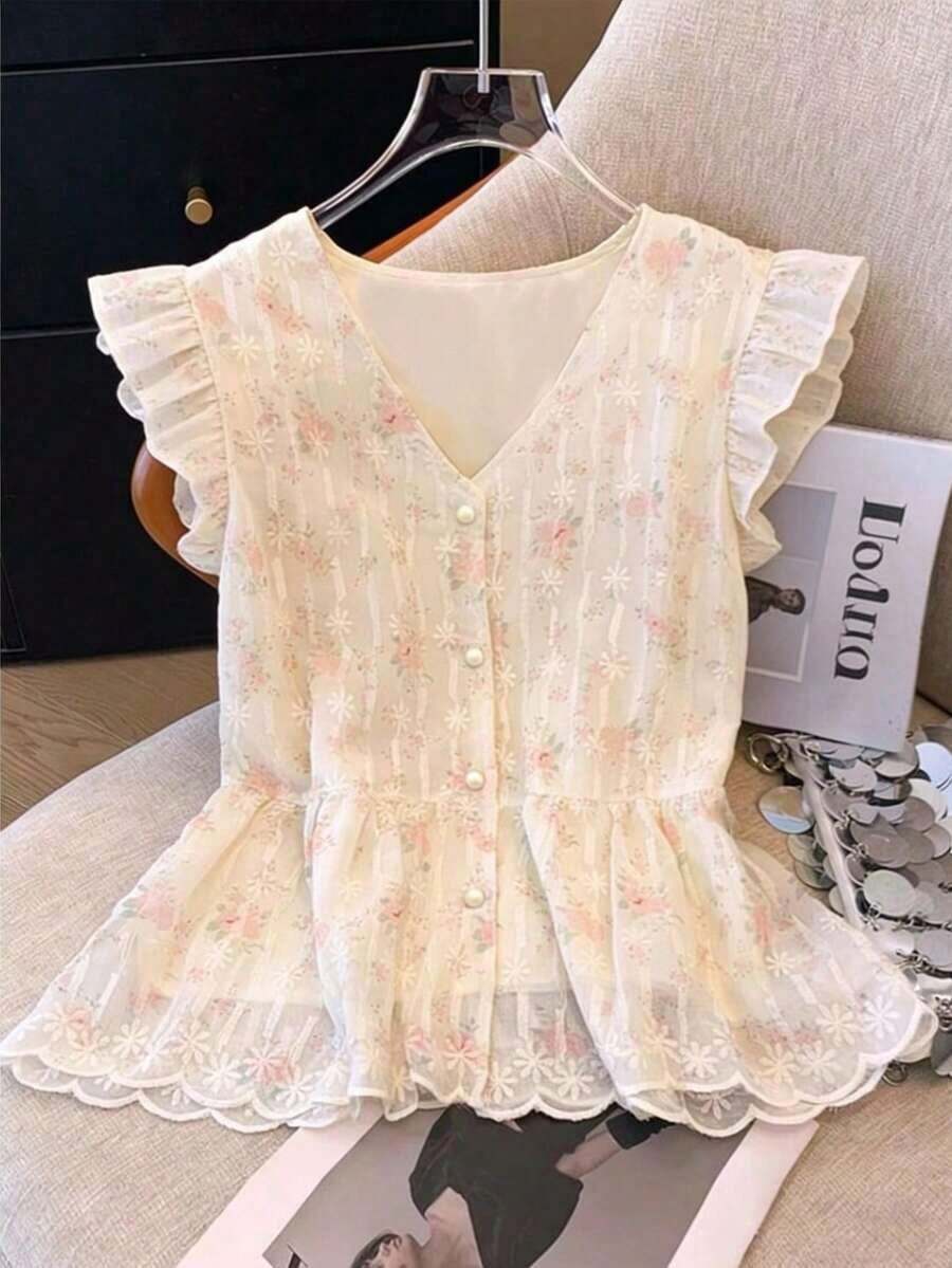 Blusa con mangas cortas, estampado floral, bordado y botones de perlas falsas, versátil y linda para mujer - Multicolor - Ver 1