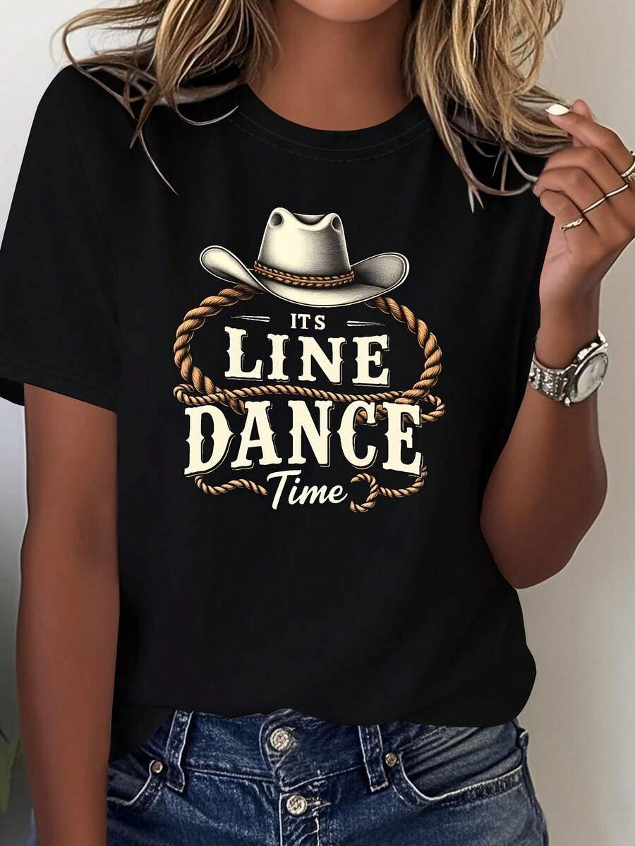 Camiseta de manga corta para mujer, con diseño de baile en línea de estilo country, cuello redondo, estilo casual, combinada con un sombrero de vaquero y estampado de la letra R. Tiene una elasticidad media y un diseño occidental, lo que lo hace muy adecuado para la primavera y el verano. blusas para mujer - Negro - Ver 1
