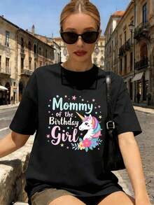 1 camiseta de cumpleaños para niña "Mommy Unicorn", tela de calidad, corte holgado, casual, transpirable, 180g, 100% algodón, los diseños están impresos. Unisexo. - Negro - Ver 1