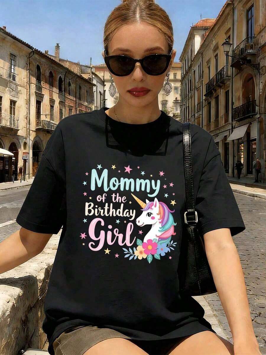 1 camiseta de cumpleaños para niña "Mommy Unicorn", tela de calidad, corte holgado, casual, transpirable, 180g, 100% algodón, los diseños están impresos. Unisexo. - Negro - Ver 1