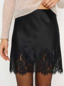 Women Lace Trim Silk Mini Skirt Y2k Lacy Satin A Line Half Silp Short Skirt Cute High Waist Underskirt Vintage Summer Vacation Beach Going Out Outfit Streetwear - 黑色 - 查看 1