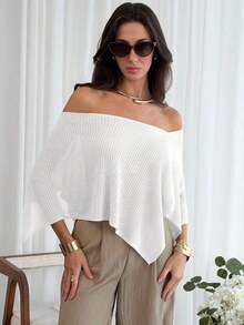2026  Chal elegante de estilo bohemio para vacaciones de mujer, jersey holgado de punto sin hombros con bajo asimétrico, parte superior ligera de protección solar - Blanco - Ver 7
