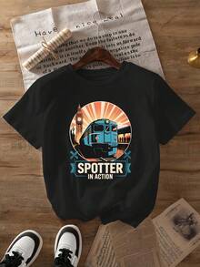 Camiseta de Mujer con Estampado de Patrón de Tren, Manga Corta, Cuello Redondo, Estilo Casual, Adecuada para Verano y Primavera, Tops de Mujer. - Negro - Ver 8