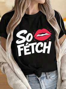 Camisetas para Mujer y Hombre con Cuello Redondo y Mangas Cortas. Camiseta de Mujer con Estampado de Labios "So Fetch". Camiseta Gráfica de Moda. Ropa Casual. Estampados Divertidos Ideales para Fiestas de Navidad, Actividades Deportivas, Fiestas de Fin de Año, Salidas, Deportes y Otros Regalos Festivos. - Negro - Ver 4