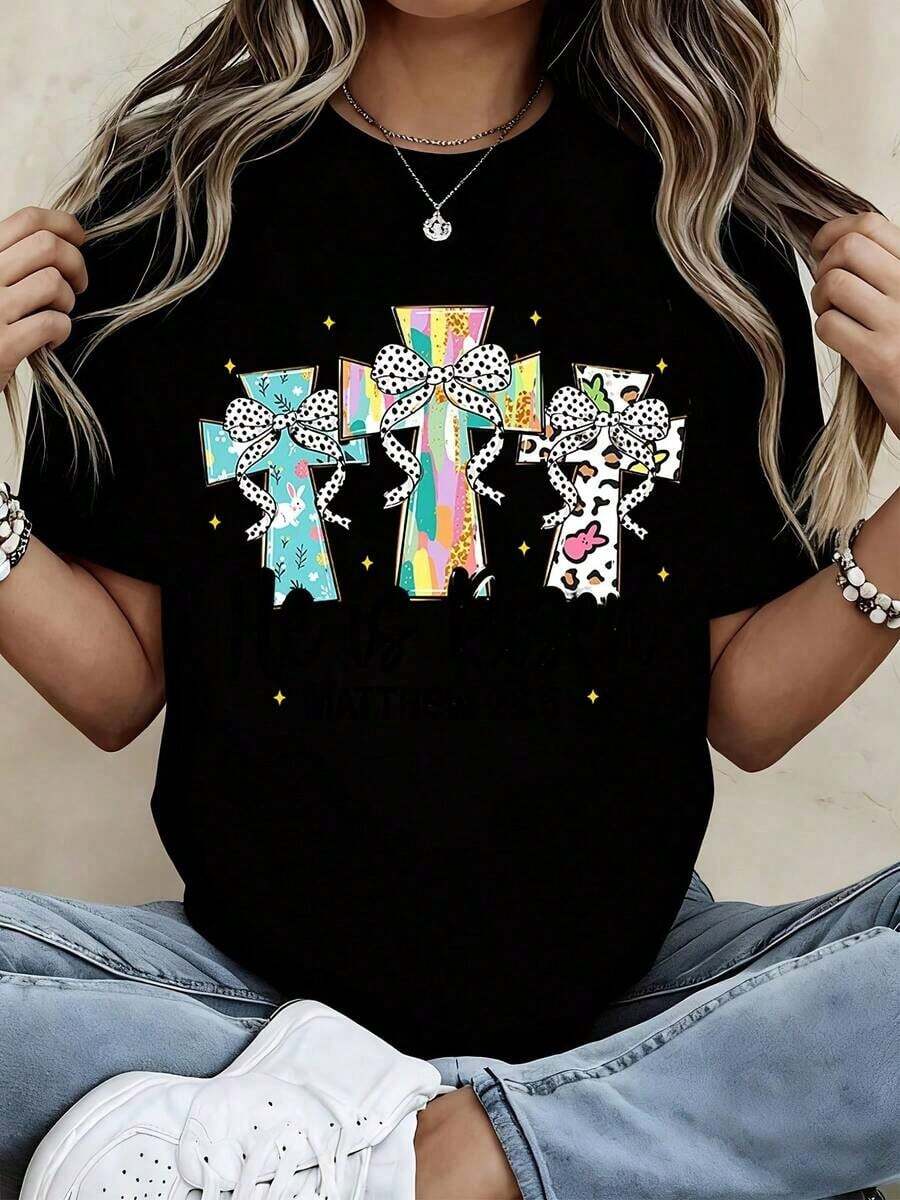 Camiseta con Estampado de Cruz Negra, Cruz de Pascua con Lazos y Estrellas para Primavera y Eventos Religiosos - Negro - Ver 1
