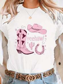 ComfortableCamiseta gráfica para mujeres con diseño de bota de vaquero y sombrero rosa, cuello redondo, mangas cortas, diseño "Yeehaw", jeans blancos y cinturón de vaquero. Ideal para primav - Blanco - Ver 9