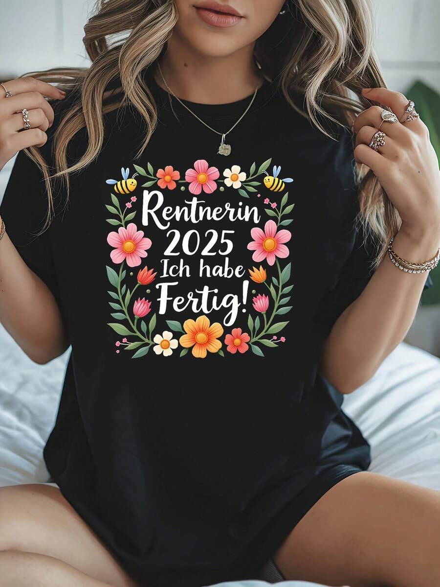 Camiseta de mujer "Rentnerin" alemana, estilo minimalista casual. Tiene el sello de "Rentnerin" estampado en él. Camiseta con estampado conmemorativo de la jubilación. Cuello redondo casual para mujer. Celebración de jubilación. Camisetas casuales diarias para mujer. - Negro - Ver 1
