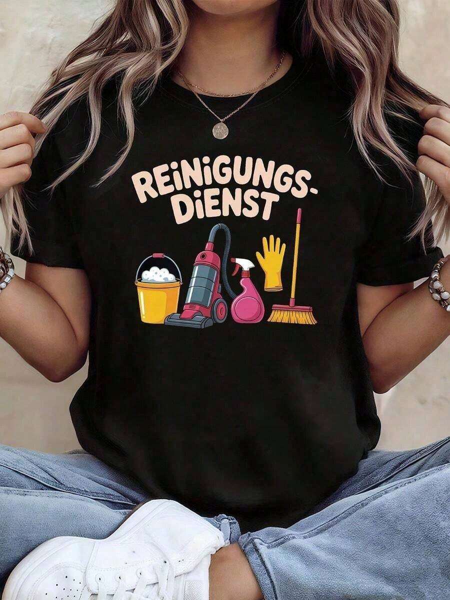 1 pieza clásica y versátil, camiseta de manga corta de algodón puro con estampado divertido para limpieza, estilo femenino y moderno, adecuada para usar en todas las estaciones. - Negro - Ver 1