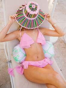Women's Sexy Halter Bikini Set Triangle Top Ruffle Hem String Swimwear Two Piece Swimsuits Cheeky Bathing Suit - Pink - View 5