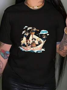 Camiseta Arirang World  con estampado gráfico de piscina, manga corta y cuello redondo, top casual para verano y primavera, ropa de mujer - Negro - Ver 6