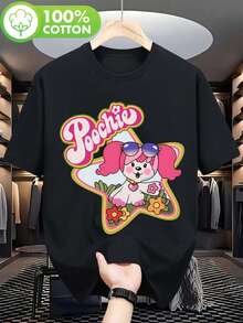Camiseta de hombre de la década de 1980 con logo de la serie de TV retro Poochie Puppy - Diseño vintage de perro Poochie de dibujos animados y lazo rosa, camiseta tipo chaqueta casual de verano de manga corta y cuello redondo de 180gsm para fans nostálgicos de los 80 - Negro - Ver 6