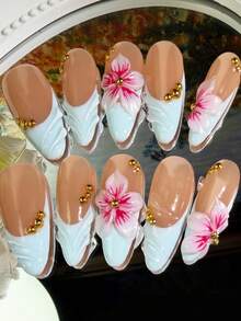 10pcs Handmade 3D Floral Sky Blue Almond Shaped False Nails, 3D Floral Wavy Design, Suitable For Women & Girls Daily Wear - 淺藍色 - 查看 3