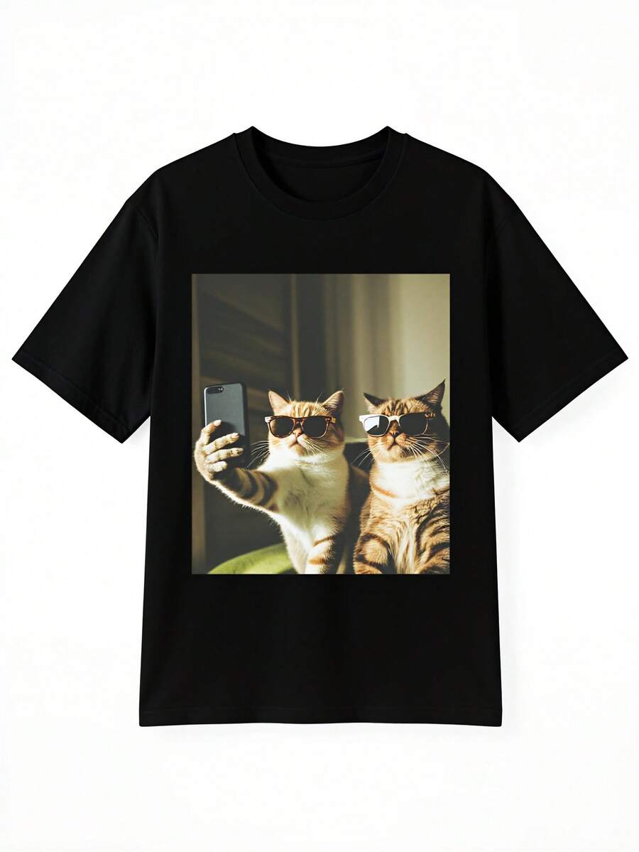Lustiges Katzen-Selfie-T-Shirt für Männer - Retro-Anime-Meme-Grafik-Shirt mit zwei Katzen, die Selfies machen, weiches, atmungsaktives Shirt für Casual- und Hip-Hop-Outfits - Schwarz - Übersicht 1