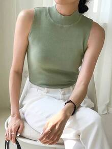 Chaleco De Suéter Con Cuello Simulado - verde menta - Ver 6