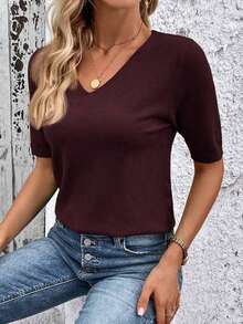 Blusa de punto de manga corta regular con cuello en V casual y versátil - Granada - Ver 1
