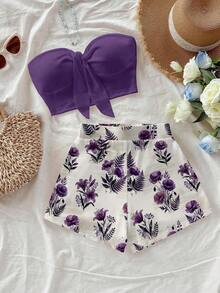Conjunto de 2 piezas de top bandeau de unicolor y shorts con estampado tropical para vacaciones de mujer - Multicolor 6 - Ver 8