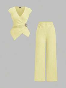 2 piezas Conjunto de mujer minimalista y cómodo de punto acanalado con hebilla de metal decorativa, para otoño - Amarillo - Ver 6