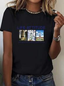 Camiseta Casual para Mujer | Estampado de Monumentos Mundiales, Bonitas Mangas Cortas, Para Todas las Estaciones, Tejido Cómodo, Top Estilo Urbano, Ideal para Uso Diario - Negro - Ver 2