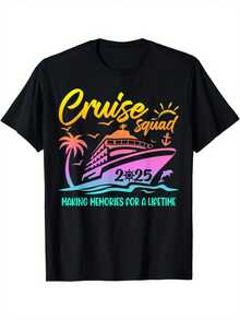 Camisetas a juego para vacaciones de familia y amigos "Summer Style Cruise Squad 2025" - Algodn cmodo, camisetas casuales de manga corta y cuello redondo con estampado de crucero para hombre, camisetas de crucero - Negro - Ver 2