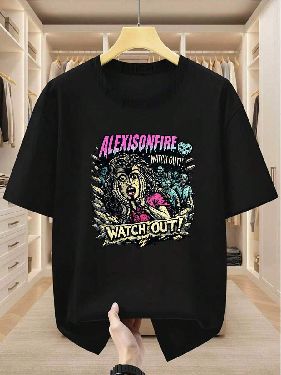 Camiseta de Hombre Talla Grande 100% con Estampado Gráfico de Alexisonfire Watch Out! Screaming Woman Zombie, Cómoda, Casual, de Manga Corta para el Verano