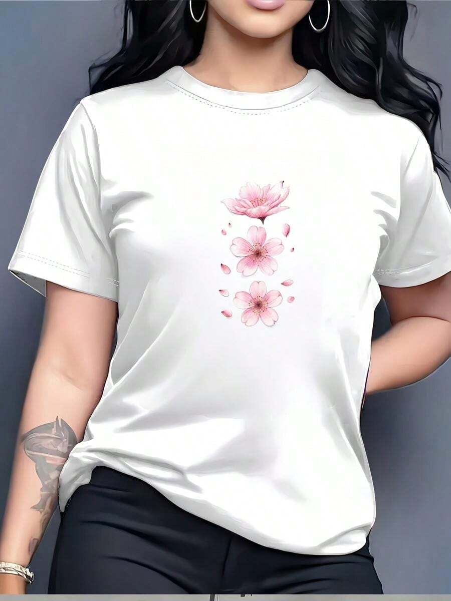 1 pieza de playera corta 100% algodón, cuello redondo casual con estampado, delicada flor de cerezo, manga corta transpirable para uso diario - Blanco - Ver 1