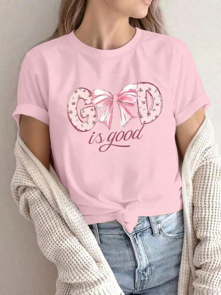 Camiseta de manga corta para mujer, color albaricoque, con estampado de eslogan, cuello redondo, nueva colección de verano, versátil y a la moda, adecuada para uso diario, top para damas en vacaciones. - Rosa Pálido - Ver 1