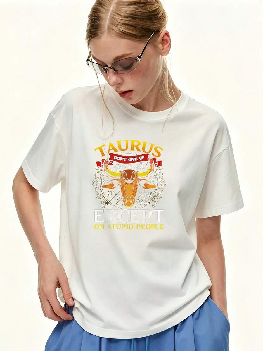 Camiseta de Mujer con Estampado de Tauro de 180G No te rindas, excepto los tontos con Patrón de Estrellas, Camiseta Casual de Manga Corta, Corte Holgado, Regalo de Cumpleaños para Ella, Amigas, Familia, Empresa, Building, Verano 2024 - Estilo Urbano Vintage, Camiseta Unisex de Algodón de Manga Corta y Cuello Redondo. - Blanco - Ver 1