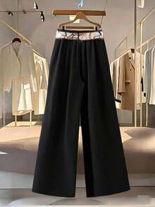 Pantalones rectos de color blanco sólido y albaricoque con elástico en la cintura trasera, con bufanda, para uso diario, elegante, para invierno, otoño, otoño, Navidad, Año Nuevo, fiesta de Acción de Gracias - Negro - Ver 2