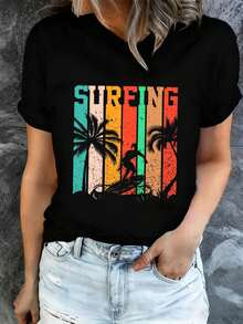 Camiseta negra estampada para mujer, con diseño de palmeras de surf, ligera y transpirable, lo que la hace perfecta para salidas casuales y actividades al aire libre. Estas camisetas son una opción para el uso diario y de fin de semana, combinando el estilo callejero-hop y están confeccionadas con un tejido cómodo y elástico - Camiseta unisex de manga corta, cuello redondo y algodón suelto de estilo vintage. - Negro - Ver 6