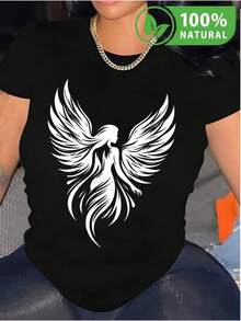 Camiseta negra con diseño de ángel alado para mujer, estilo urbano casual, ideal para primavera-verano, comodidad y moda, inspiración sobrenatural, brilla en cada ocasión, algodón de alta calidad. - Negro - Ver 1