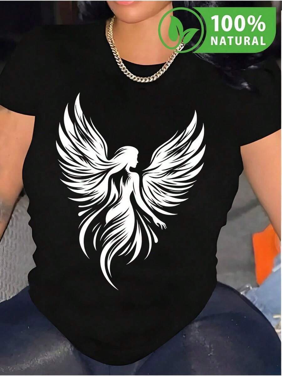 Camiseta negra con diseño de ángel alado para mujer, estilo urbano casual, ideal para primavera-verano, comodidad y moda, inspiración sobrenatural, brilla en cada ocasión, algodón de alta calidad. - Negro - Ver 1