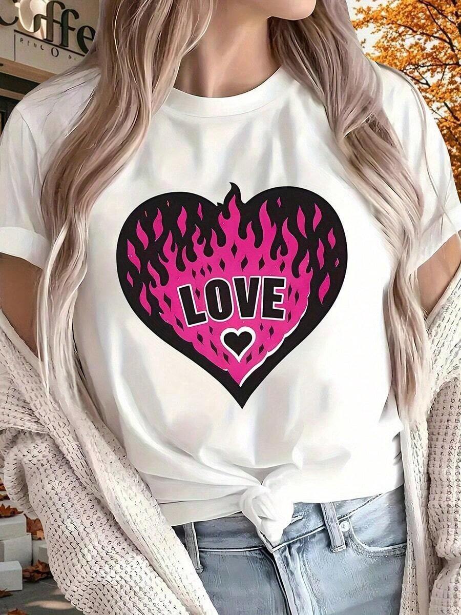 Camiseta CasualWos para el Día de San Valentín con Estampado de Corazón en Llamas, Negra, de Manga Corta, Cuello Redondo, Adecuada para Uso en Exteriores y en Casa, Atuendo de San Valentín para Mujer - Blanco - Ver 1