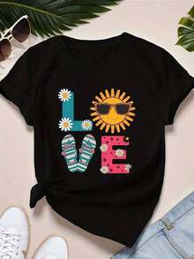 Camiseta CasualWos de Talla Grande con Mangas Cortas Coloridas y Cuello Redondo, Ropa de Playa de Verano con Letras en Tonos Pastel y Neón, Lavable a Máquina, para Mujer - Negro - Ver 7