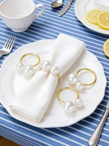 1-50pcs High-End Hotel Restaurant Table Decoration Large And Small Pearl Napkin Rings, Suitable For Wedding And Holiday Table Decor - White - View 5