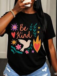 Camiseta Casual para Mujer con Estampado de Flores y Corazones "Be Kind With Do-Ve" para Uso Diario - Negro - Ver 6