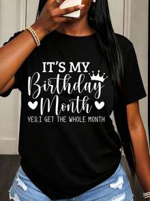 Camiseta Casual para Mujer con Estampado de Corona y Corazón para Celebración de Cumpleaños - Negro - Ver 6
