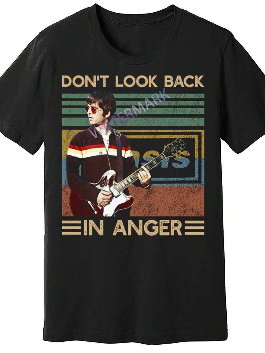 Camiseta de hombre Oasis Band<No mires hacia atrás con ira> con diseño de música vintage, camiseta casual negra de manga corta, corte regular, adecuada para todas las estaciones, ropa para fanáticos de la música, estilo vintage, cuello redondo, unisex. - Negro - Ver 1